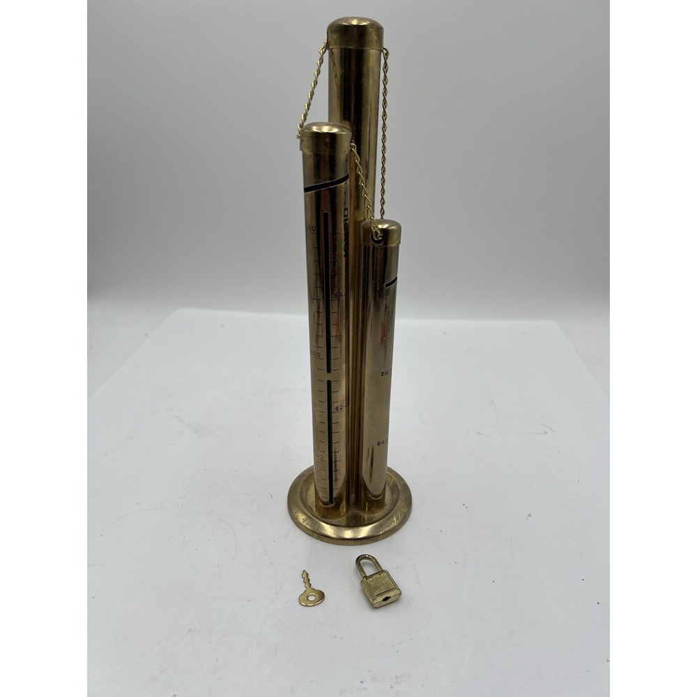 Vintage Brass Coin Sorter Tower Bank Lock Key Dime Nickel Quarter Made Taiwan